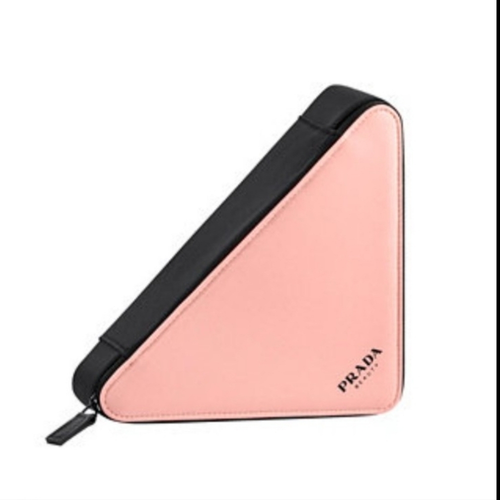 Prada Beauty Pink , Black Triangle Zip Pouch Cosmetic Case Clutch Box Bag New
